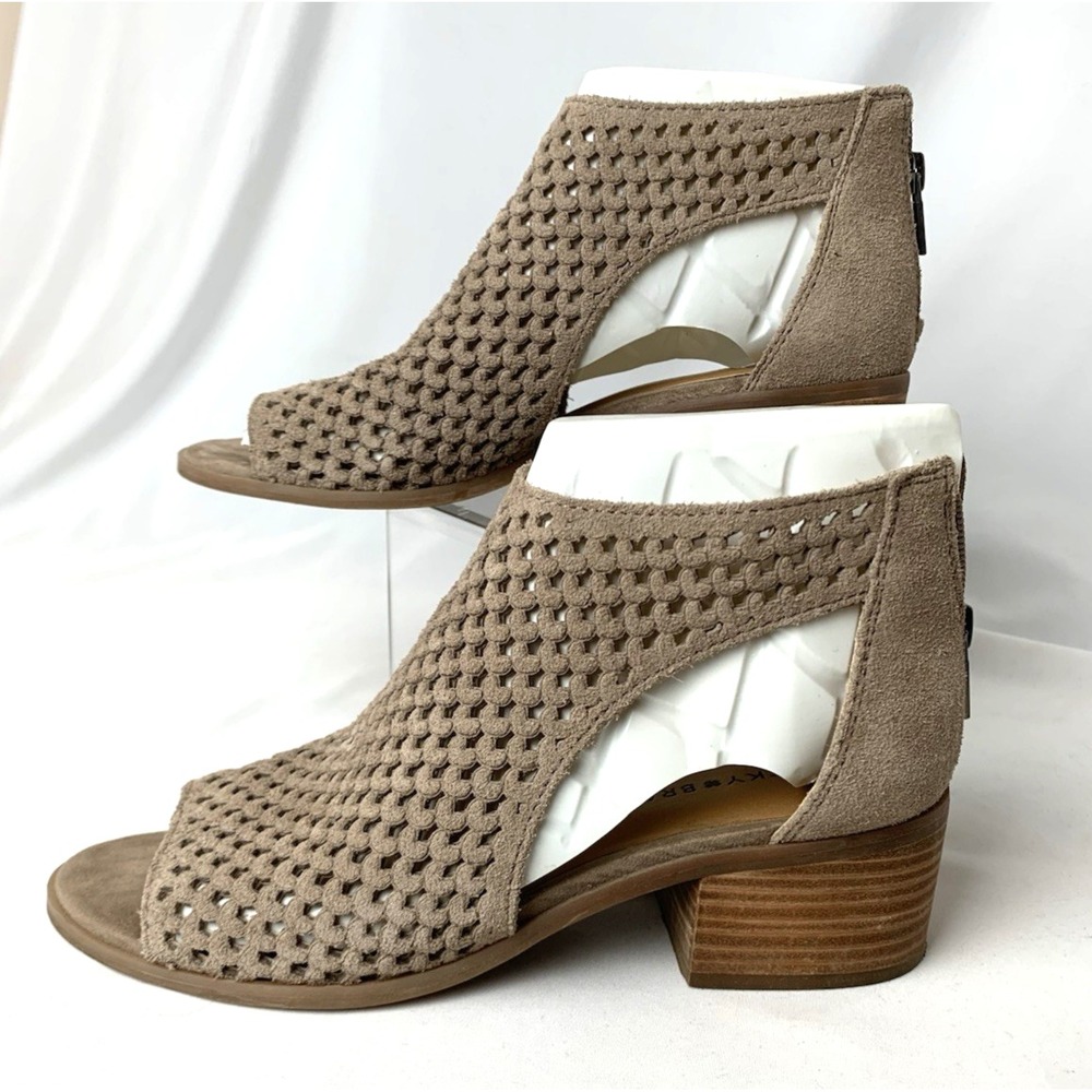 Lucky Brand Suede Peep Toe Zip Ankle Boot Womens 8.5 Taupe Boho Festival